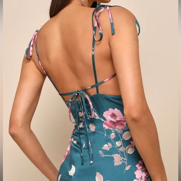 NWOT✨ Lulu’s Fleur-ty Behavior Teal Floral Satin Tie-Strap Midi Dress Size L - Picture 3 of 5